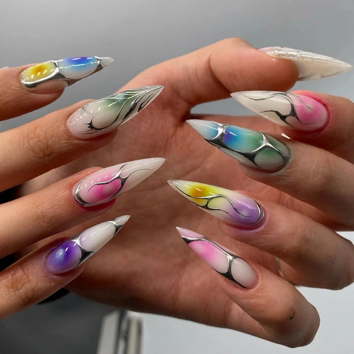 24Pcs Black Y2k Fake Nails with Diamond Halloween Long Almond False Nail Butterfly Design Wearable Oval Press on Nails Tips