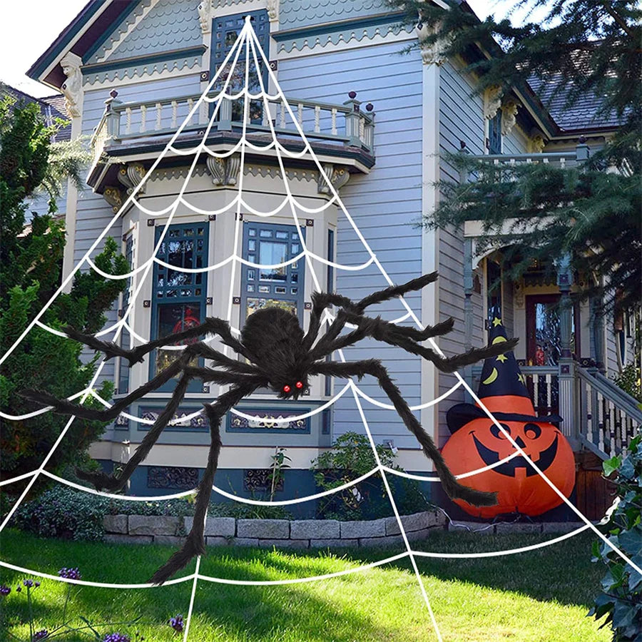 Giant Black Halloween Spider & Web Set – Realistic Scary Prop for Yard, Porch, & Party Decor