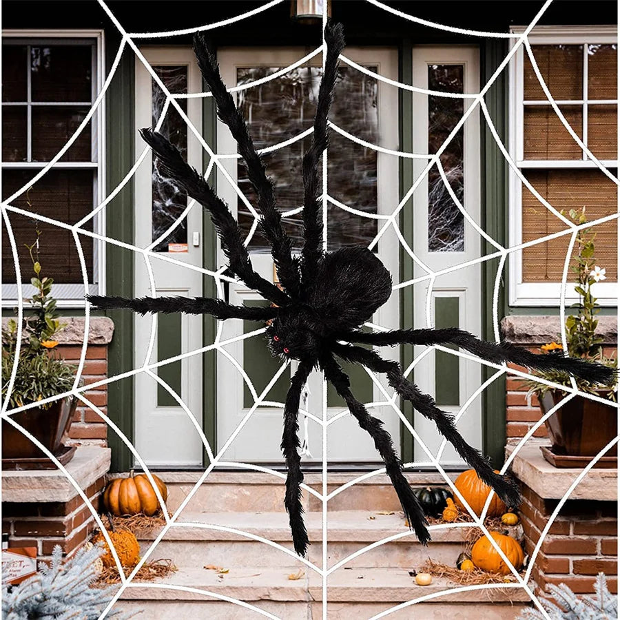 Giant Black Halloween Spider & Web Set – Realistic Scary Prop for Yard, Porch, & Party Decor