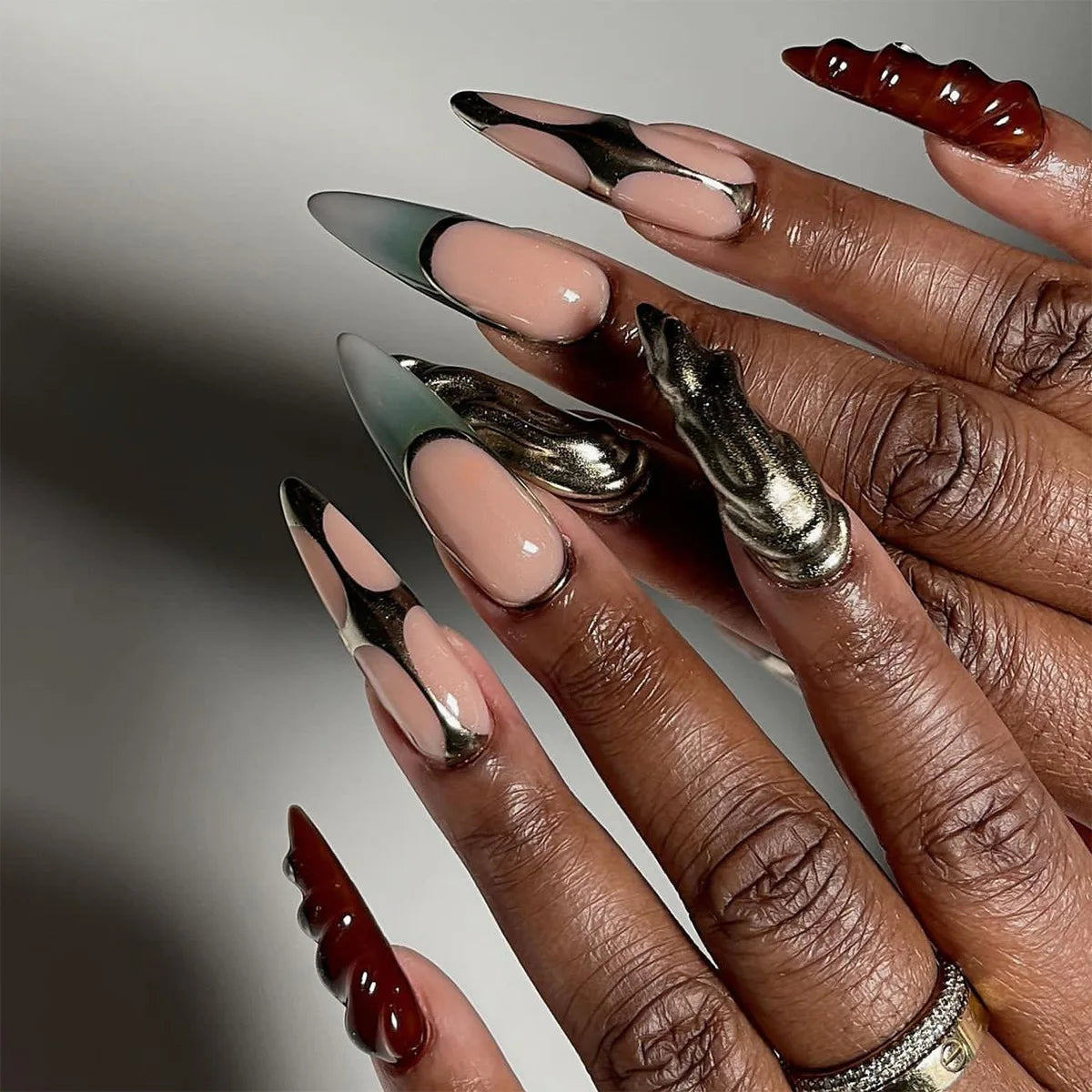 24Pcs Black Y2k Fake Nails with Diamond Halloween Long Almond False Nail Butterfly Design Wearable Oval Press on Nails Tips
