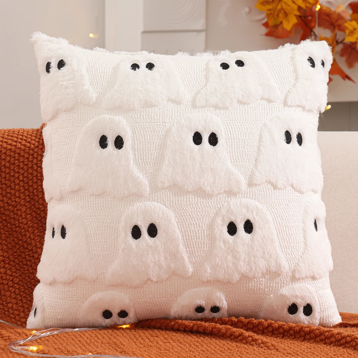 Halloween Pumpkin & Ghost Quilted Plush Pillow Cover