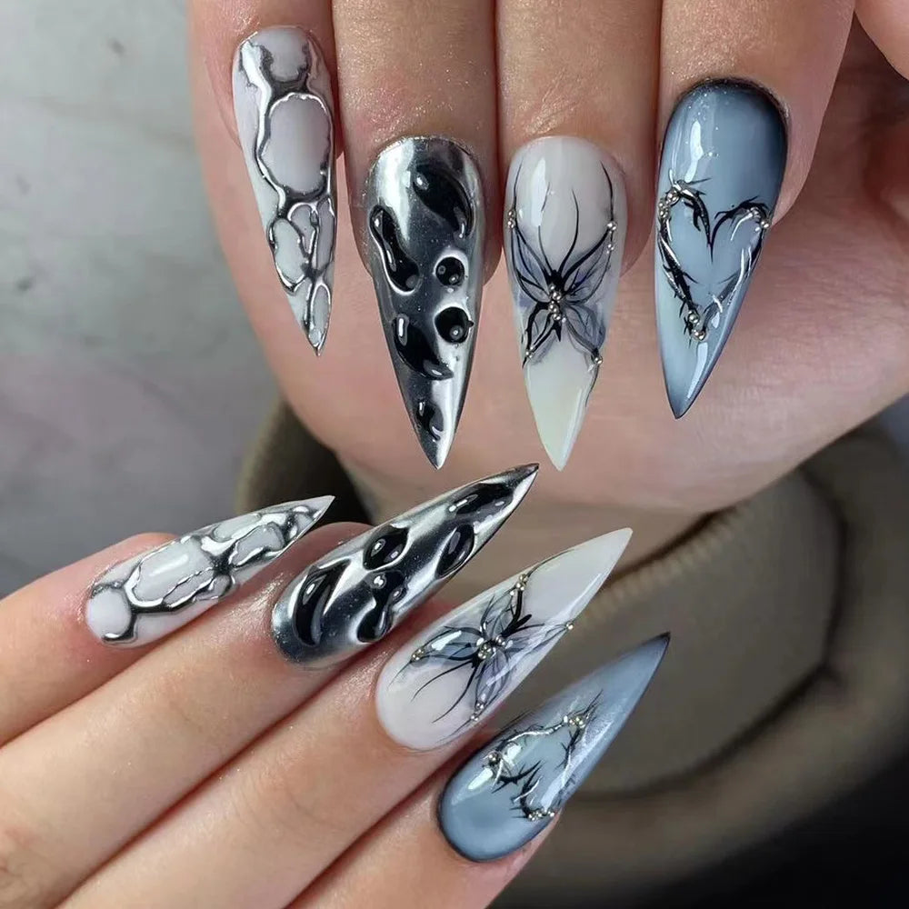 24Pcs Black Y2k Fake Nails with Diamond Halloween Long Almond False Nail Butterfly Design Wearable Oval Press on Nails Tips