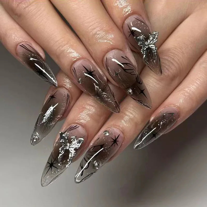24Pcs Black Y2k Fake Nails with Diamond Halloween Long Almond False Nail Butterfly Design Wearable Oval Press on Nails Tips
