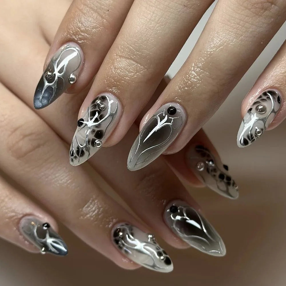 24Pcs Black Y2k Fake Nails with Diamond Halloween Long Almond False Nail Butterfly Design Wearable Oval Press on Nails Tips
