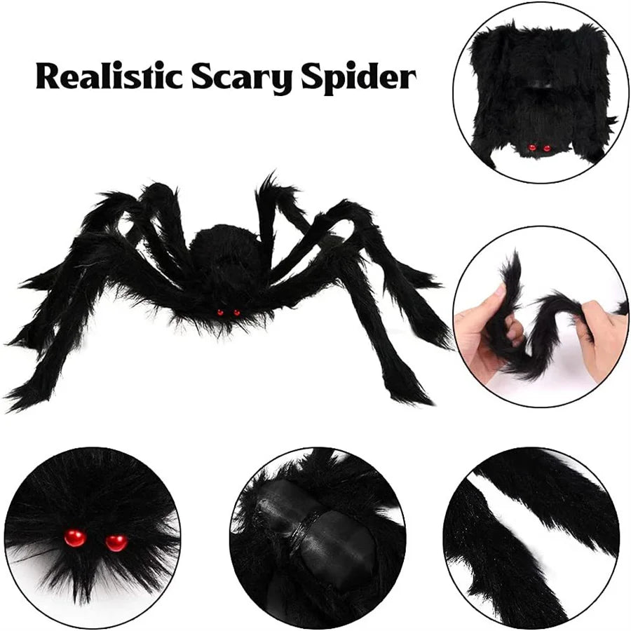 Giant Black Halloween Spider & Web Set – Realistic Scary Prop for Yard, Porch, & Party Decor