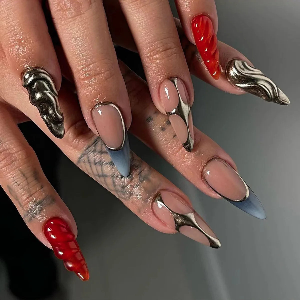 24Pcs Black Y2k Fake Nails with Diamond Halloween Long Almond False Nail Butterfly Design Wearable Oval Press on Nails Tips