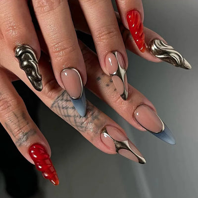 24Pcs Black Y2k Fake Nails with Diamond Halloween Long Almond False Nail Butterfly Design Wearable Oval Press on Nails Tips