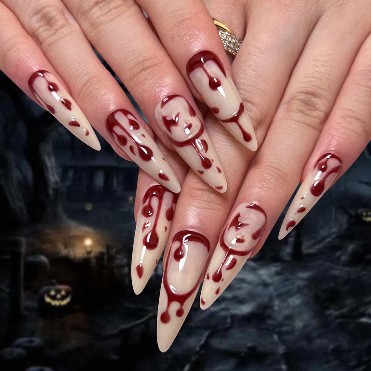 24Pcs Black Y2k Fake Nails with Diamond Halloween Long Almond False Nail Butterfly Design Wearable Oval Press on Nails Tips
