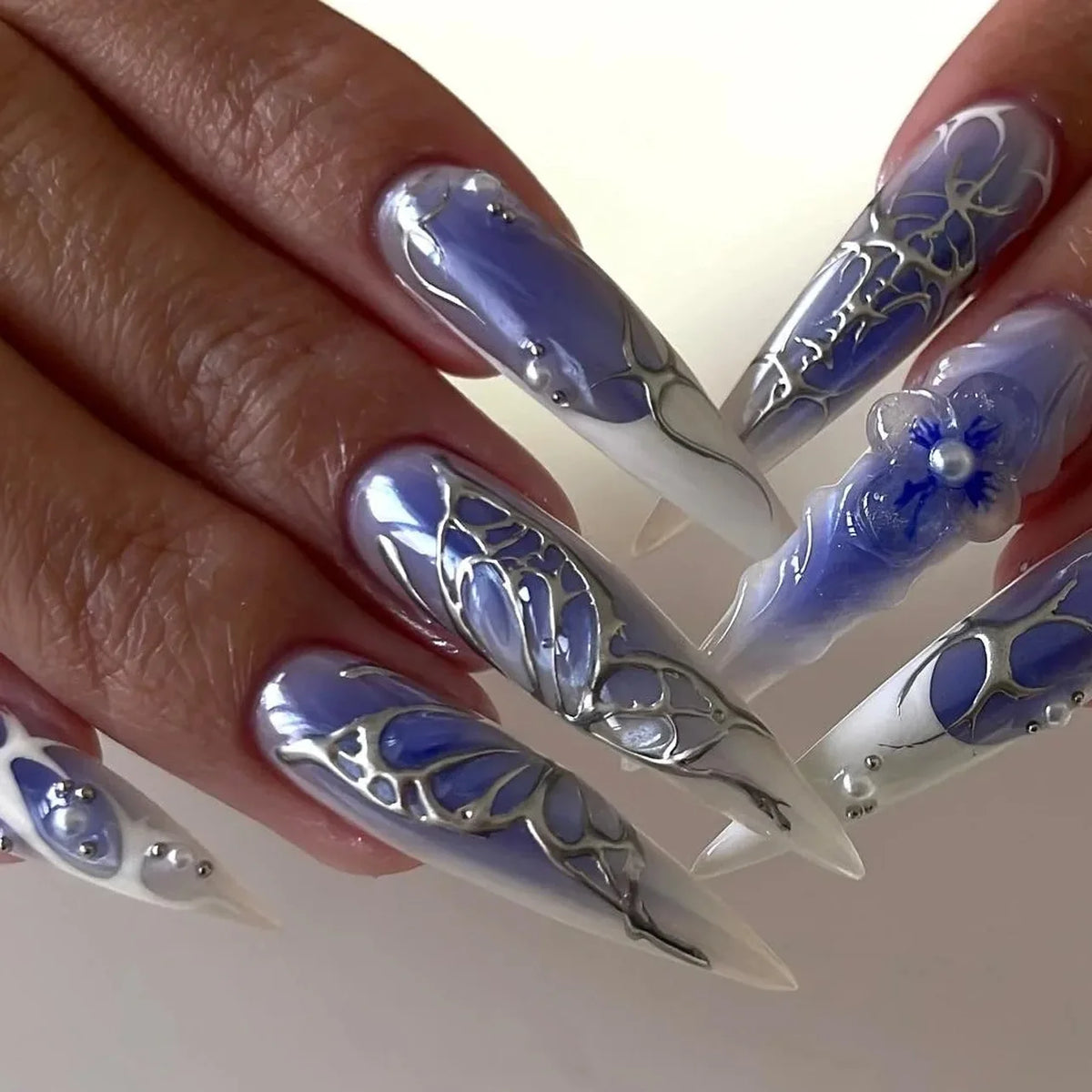 24Pcs Black Y2k Fake Nails with Diamond Halloween Long Almond False Nail Butterfly Design Wearable Oval Press on Nails Tips