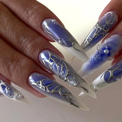 24Pcs Black Y2k Fake Nails with Diamond Halloween Long Almond False Nail Butterfly Design Wearable Oval Press on Nails Tips