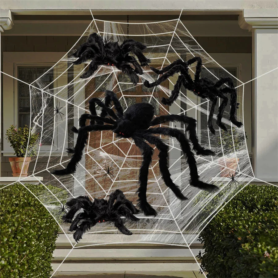 Giant Black Halloween Spider & Web Set – Realistic Scary Prop for Yard, Porch, & Party Decor