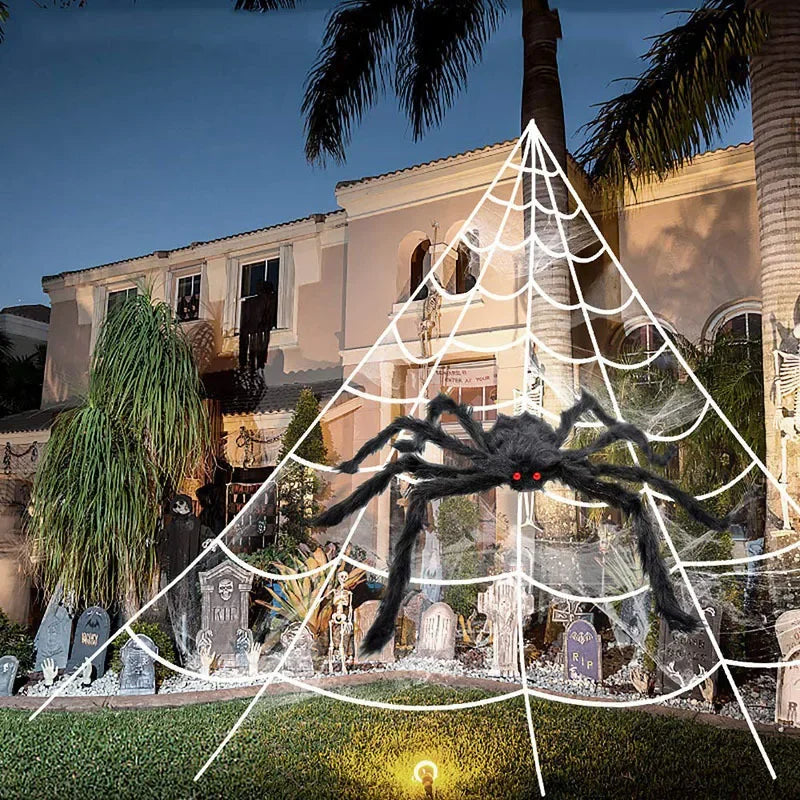 Giant Black Halloween Spider & Web Set – Realistic Scary Prop for Yard, Porch, & Party Decor