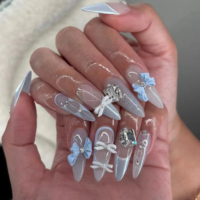 24Pcs Black Y2k Fake Nails with Diamond Halloween Long Almond False Nail Butterfly Design Wearable Oval Press on Nails Tips