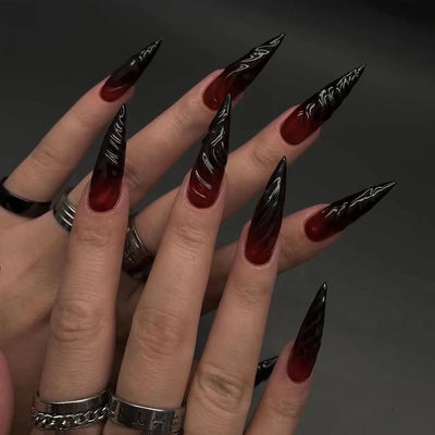 24Pcs Black Y2k Fake Nails with Diamond Halloween Long Almond False Nail Butterfly Design Wearable Oval Press on Nails Tips