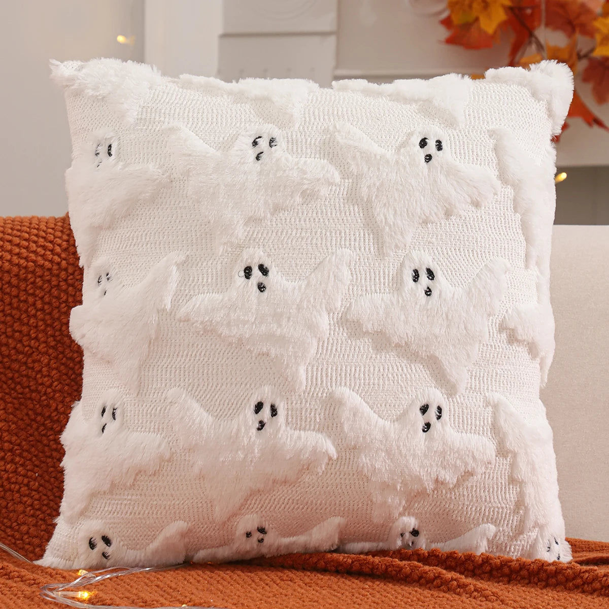 Halloween Pumpkin & Ghost Quilted Plush Pillow Cover