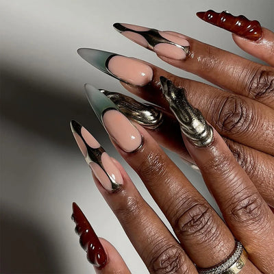 24Pcs Black Y2k Fake Nails with Diamond Halloween Long Almond False Nail Butterfly Design Wearable Oval Press on Nails Tips