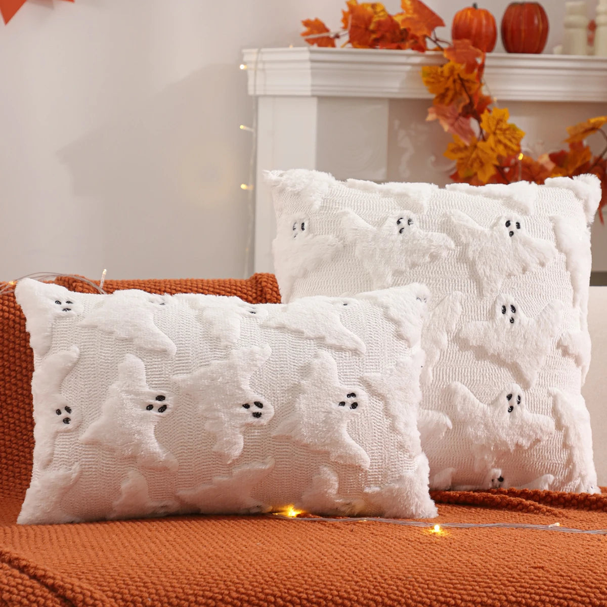 Halloween Pumpkin & Ghost Quilted Plush Pillow Cover
