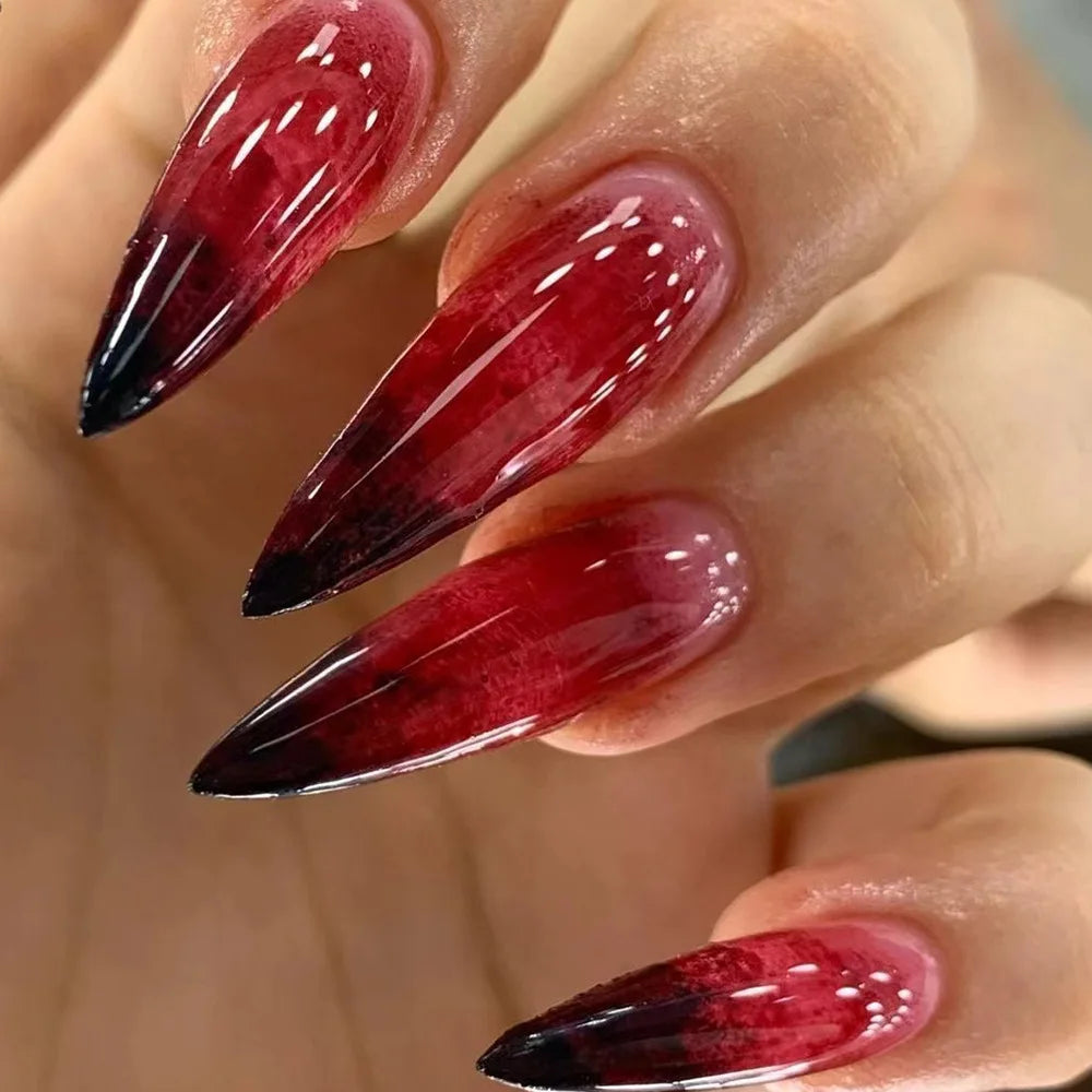 24Pcs Black Y2k Fake Nails with Diamond Halloween Long Almond False Nail Butterfly Design Wearable Oval Press on Nails Tips