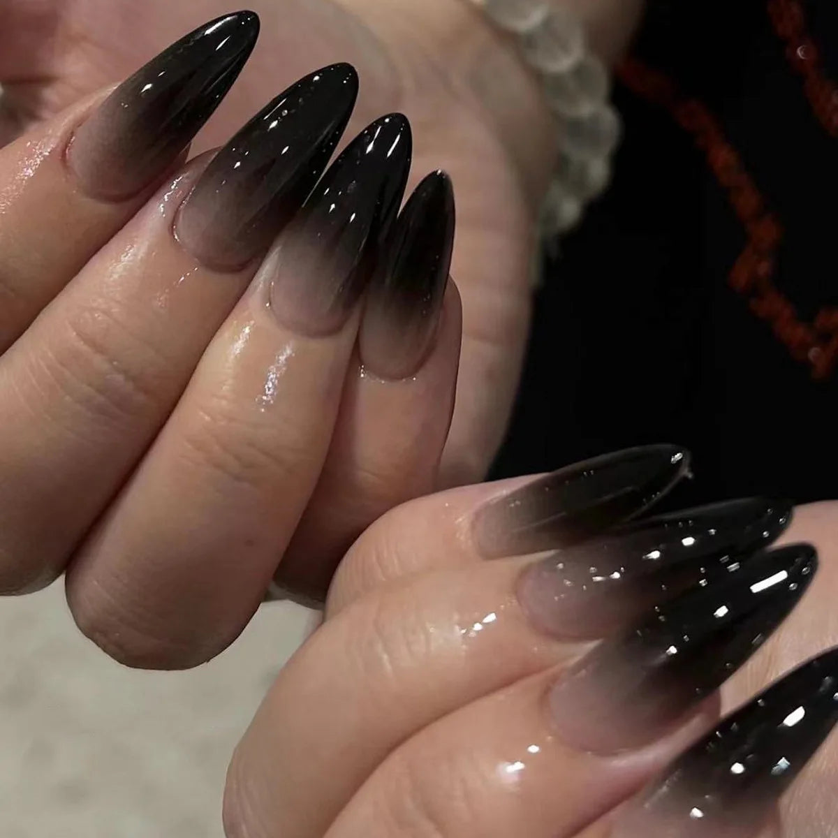 24Pcs Black Y2k Fake Nails with Diamond Halloween Long Almond False Nail Butterfly Design Wearable Oval Press on Nails Tips