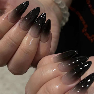 24Pcs Black Y2k Fake Nails with Diamond Halloween Long Almond False Nail Butterfly Design Wearable Oval Press on Nails Tips
