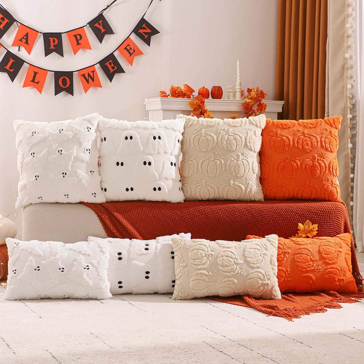 Halloween Pumpkin & Ghost Quilted Plush Pillow Cover