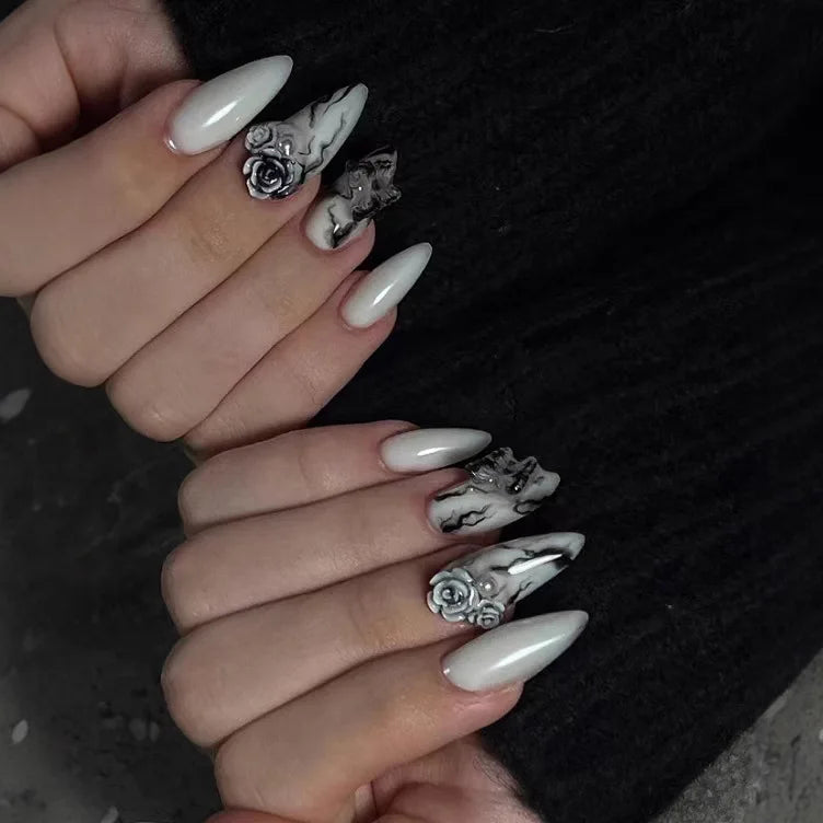 24Pcs Black Y2k Fake Nails with Diamond Halloween Long Almond False Nail Butterfly Design Wearable Oval Press on Nails Tips