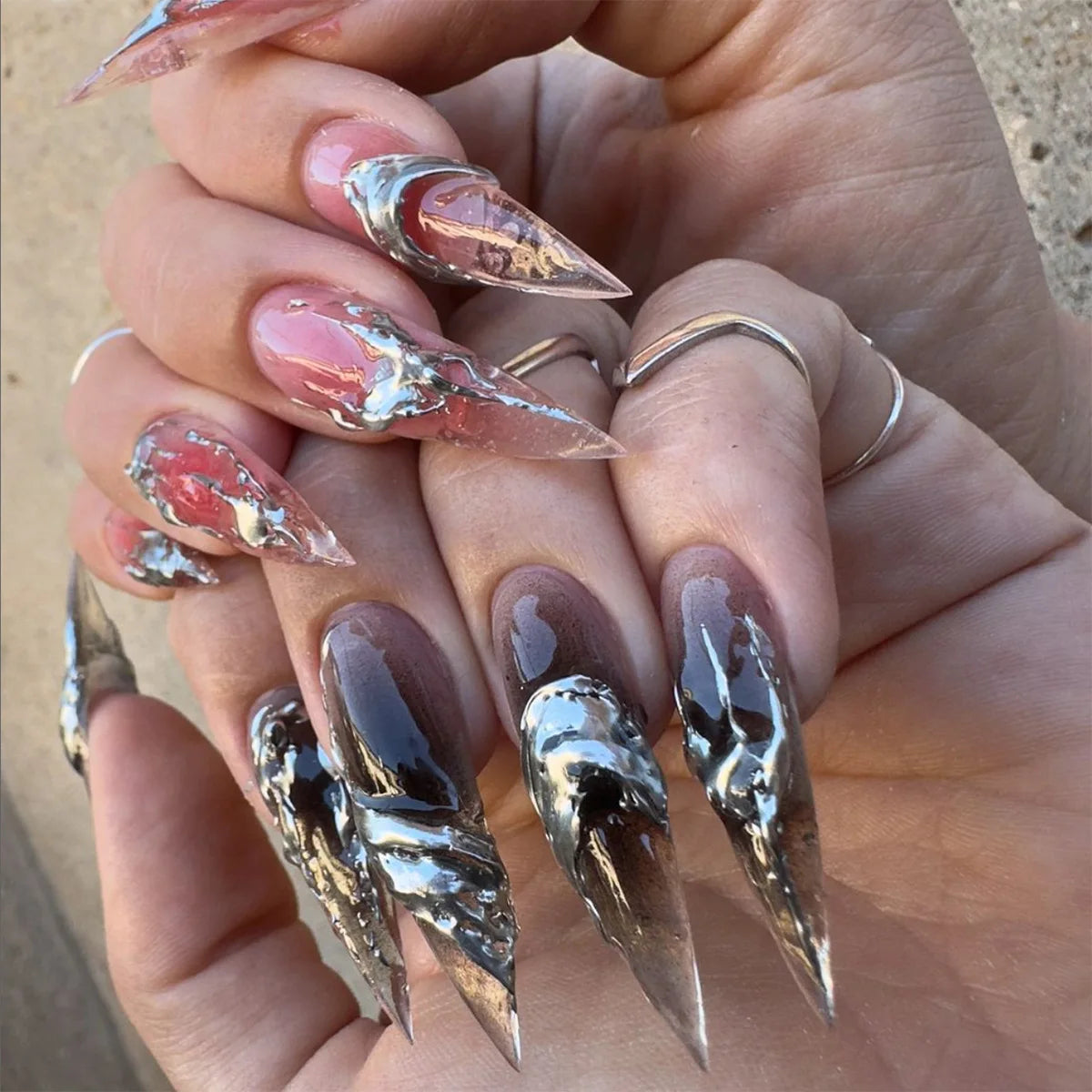 24Pcs Black Y2k Fake Nails with Diamond Halloween Long Almond False Nail Butterfly Design Wearable Oval Press on Nails Tips