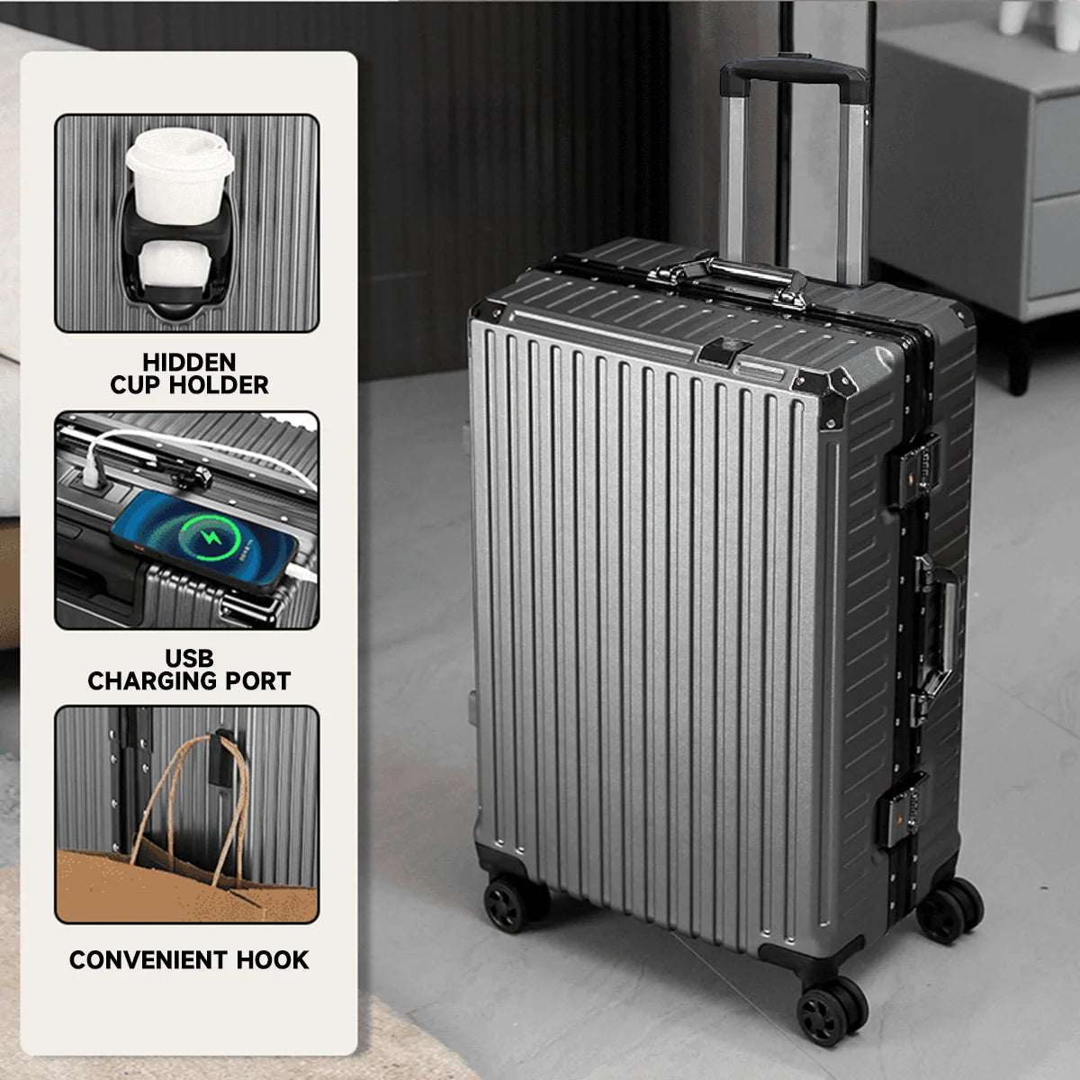 Aluminum Frame Hardside Luggage – Rolling Suitcase with USB Port & TSA Lock