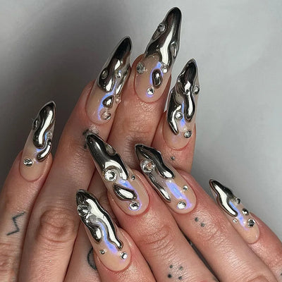 24Pcs Black Y2k Fake Nails with Diamond Halloween Long Almond False Nail Butterfly Design Wearable Oval Press on Nails Tips