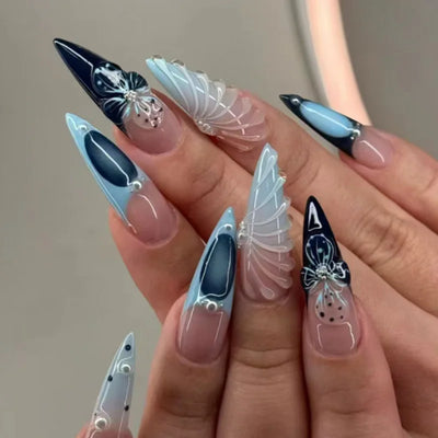 24Pcs Black Y2k Fake Nails with Diamond Halloween Long Almond False Nail Butterfly Design Wearable Oval Press on Nails Tips