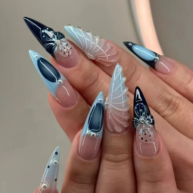 24Pcs Black Y2k Fake Nails with Diamond Halloween Long Almond False Nail Butterfly Design Wearable Oval Press on Nails Tips