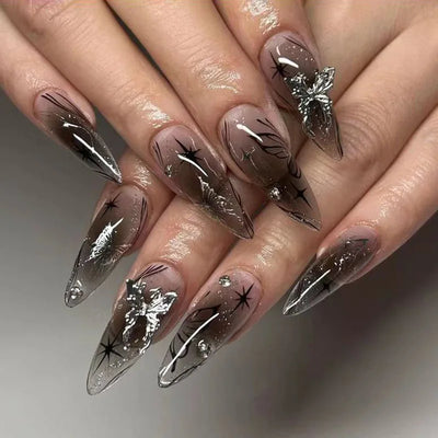 24Pcs Black Y2k Fake Nails with Diamond Halloween Long Almond False Nail Butterfly Design Wearable Oval Press on Nails Tips