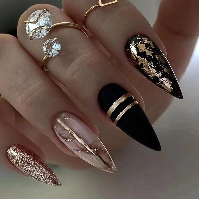 24Pcs Black Y2k Fake Nails with Diamond Halloween Long Almond False Nail Butterfly Design Wearable Oval Press on Nails Tips