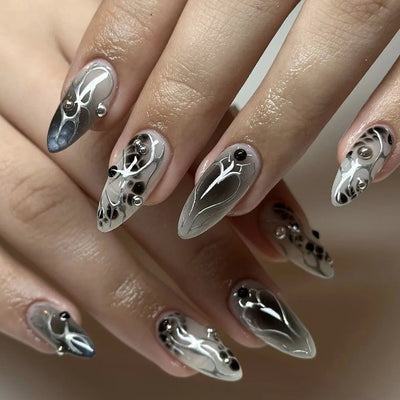 24Pcs Black Y2k Fake Nails with Diamond Halloween Long Almond False Nail Butterfly Design Wearable Oval Press on Nails Tips