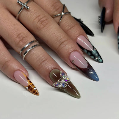 24Pcs Black Y2k Fake Nails with Diamond Halloween Long Almond False Nail Butterfly Design Wearable Oval Press on Nails Tips